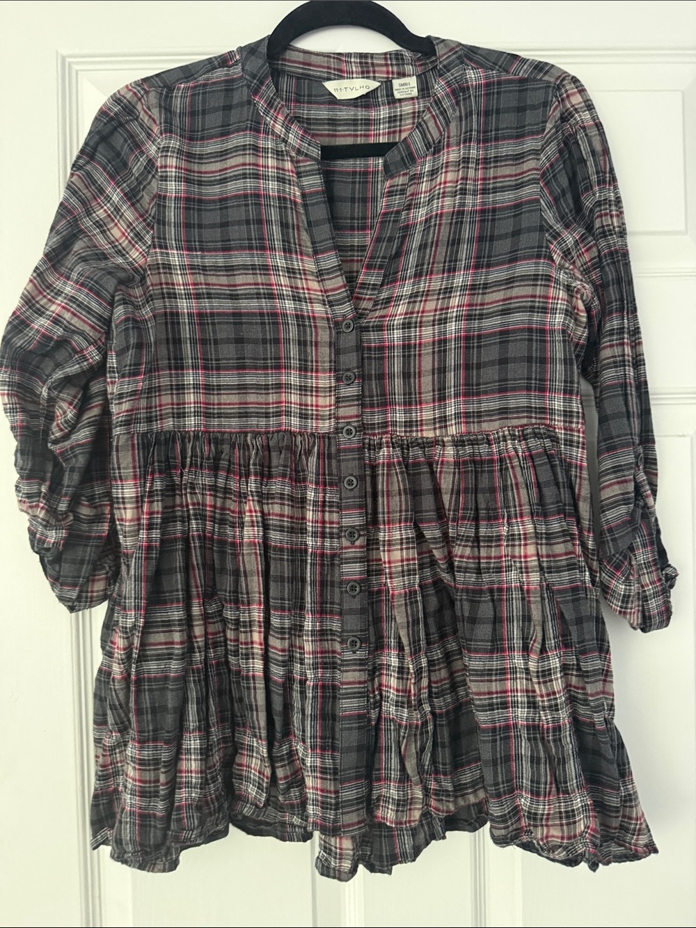 Women’s Anthropologie Plaid Button-Front Tunic Dress - Gray and Red